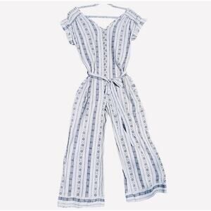 Monteau LA nautical/coastal Wide Leg pant Jumpsuit Blue & White Linen Blend sz L